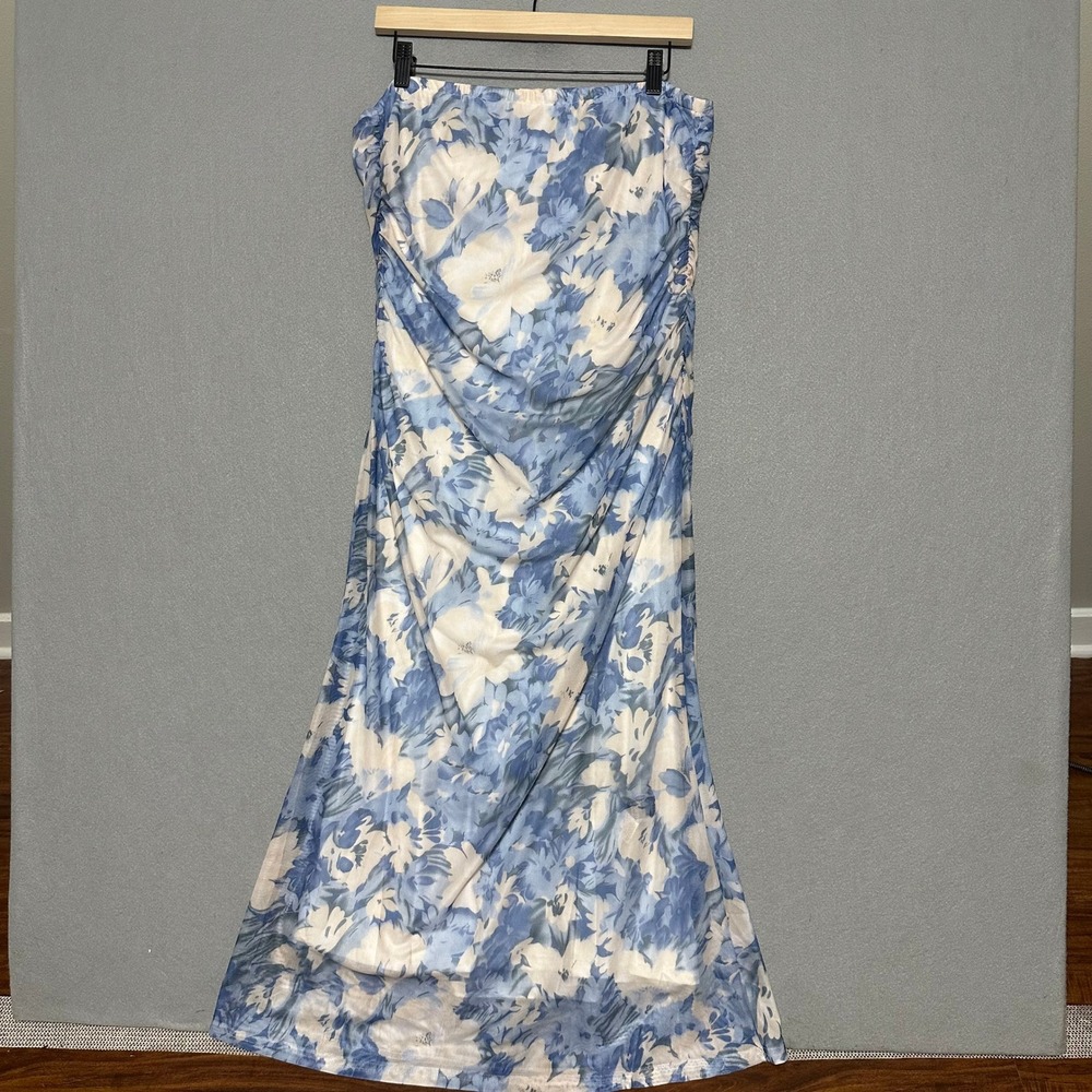 Blue White Floral Strapless Maxi Dress Ruched Mesh Cottagecore Romantic Size M